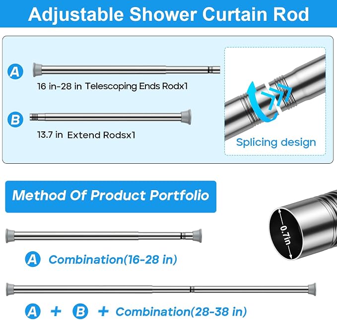 MEXAU 1 Pack Silver Spring Tension Curtain Rods 18-37 Inch,Adjustable Tension Rods Shower Curtain Rod No Drilling for Window, Bathroom, Closet, Room Divider, 7/8" Diameter