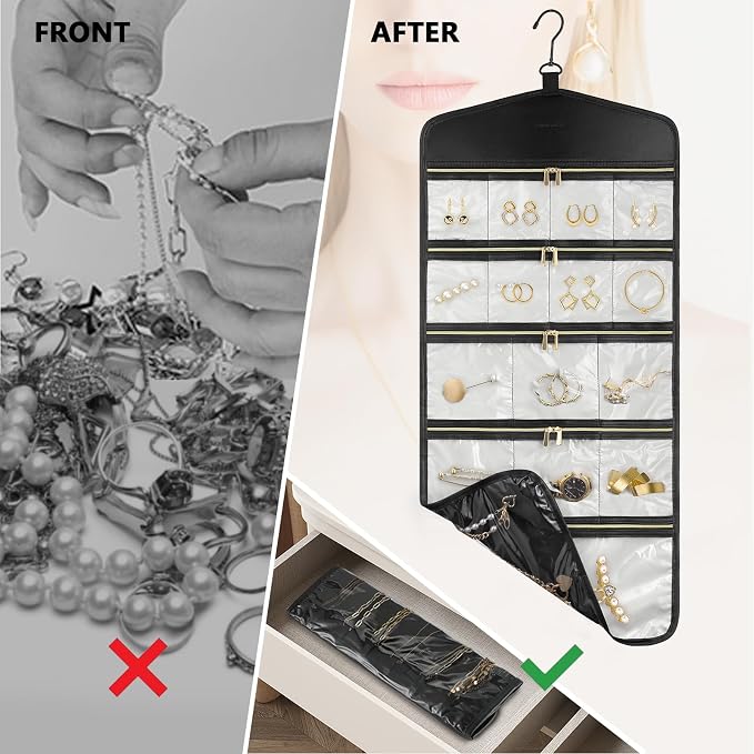CHICECO Travel Jewelry Holder Organizer,Hanging Jewelry Organizer Storage With Zippered Pockets for Cloest,Wall,Door,Jewelry Holder for Earrings, Necklaces（Beige Black）