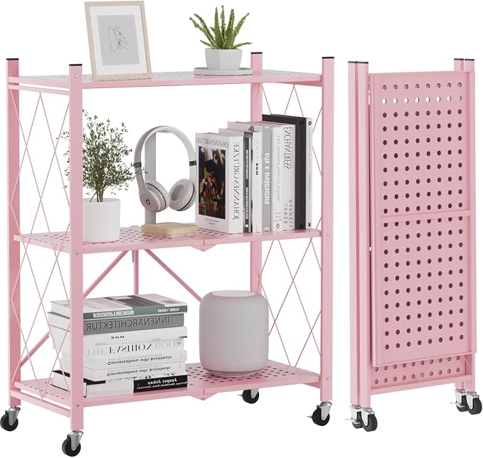 ALANNG 3 Tier Folding Storage Shelf on Wheels,Heavy Duty Metal Rolling Cart | Compact & Portable, No Tools Assembly, Folds to 3.9" Flat, Reinforced Iron Frame, Lockable Casters, for Any Room