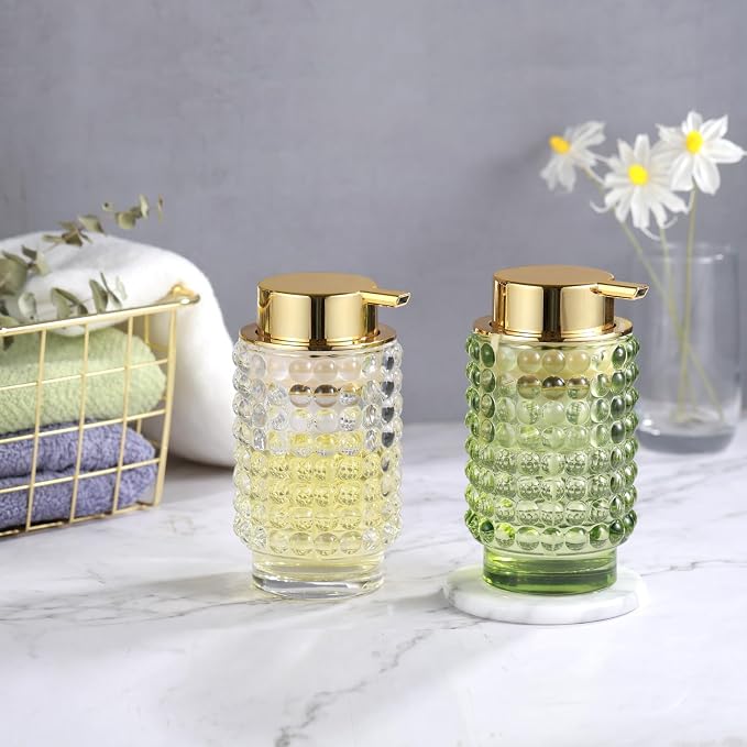 Glass Foaming Hand Soap Dispenser for Bathroom Decor with Pump（Foam Type/Green）