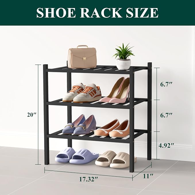 Smiry Bamboo Shoe Rack for Closet, 3 Tier Small Wooden Shoe Organizer, Stackable Wood Shoe Storage Shelf for Entryway, 14 Vertical Slats, One-piece Heavy-Duty Legs, 17.32"x11.02"x18.31", Black