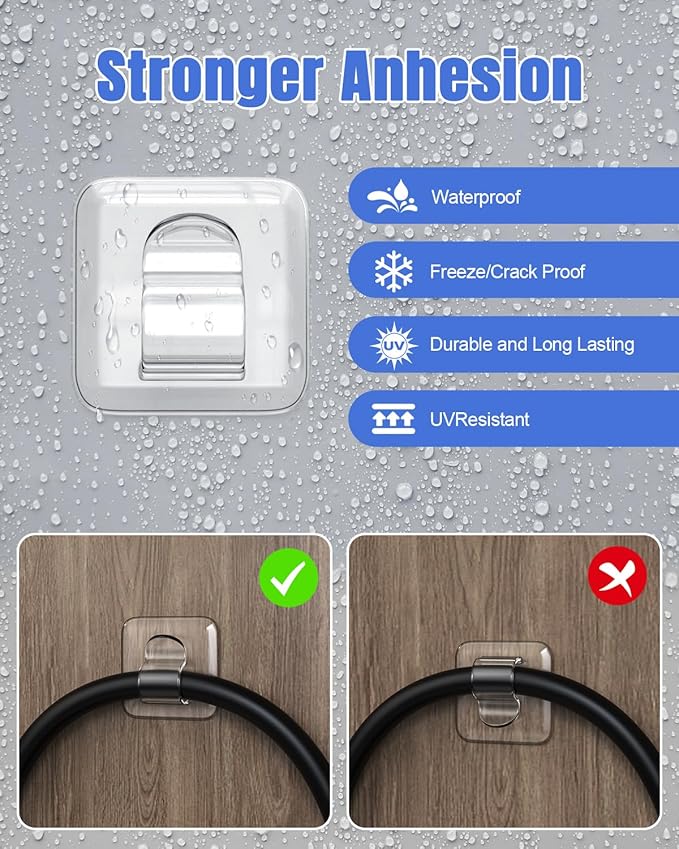 LZC Hooks for Outdoor String Lights Clips: 50 Pack Square Clear Large Heavy Duty Light Hook Waterproof Adhesive Strips - Outside Hanging Rope Light Cable Cord Holders Organizer