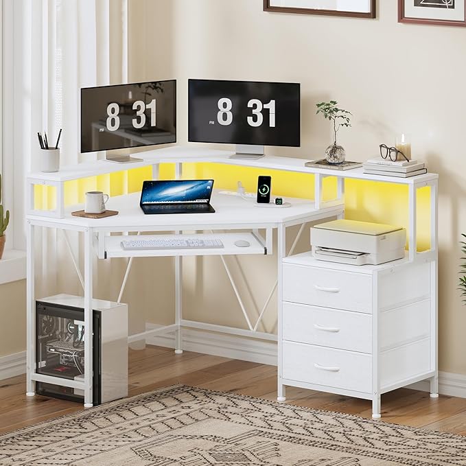 47" Corner Desk with Drawers, Power Outlets ＆ Printer Shelf for Small Space | Small Computer Desk with Monitor Stand, Triangle Gaming Desk with LED Lights and Keyboard Tray, White