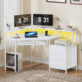 47" Corner Desk with Drawers, Power Outlets ＆ Printer Shelf for Small Space | Small Computer Desk with Monitor Stand, Triangle Gaming Desk with LED Lights and Keyboard Tray, White