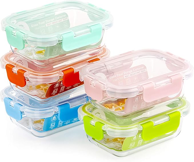Glass Meal Prep Glass Containers with Lids, Glass Lunch Box, 5-Pack, 34 OZ | 5 Pack Glass Food Storage Containers, 34 OZ