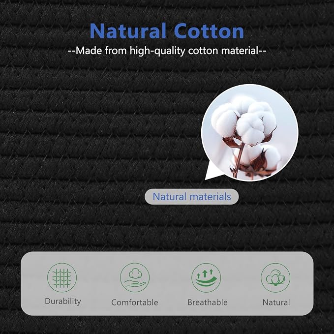 ECDYQXVU 15x10x9 Black Woven Cotton Rope Storage Basket Handles 3 Pack | Foldable Design, Leather Handles, Easy to Clean Organizer for Living Room, Closet, Shelves, Bedroom, Laundry, Clothes
