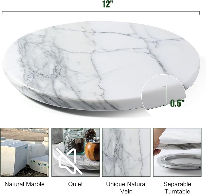 Marble Lazy Susan, 12” Lazy Susan for Table Top Detachable Turntable Organizer for Cabinet Pantry Kitchen Countertop Fridge Bathroom Makeup Vanity Countertop, Arabescato