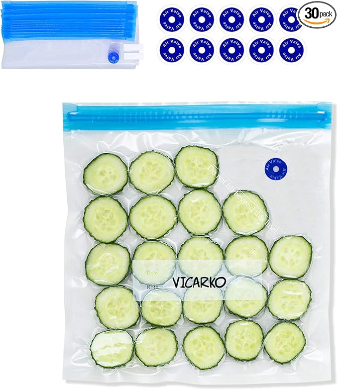 VICARKO 30 Vacuum Zipper Bags, Vacuum Sealer Bags, Food Storage, Reusable Bags, with Double Layers, BPA Free, 4.3L, 13.5 x 10.5"