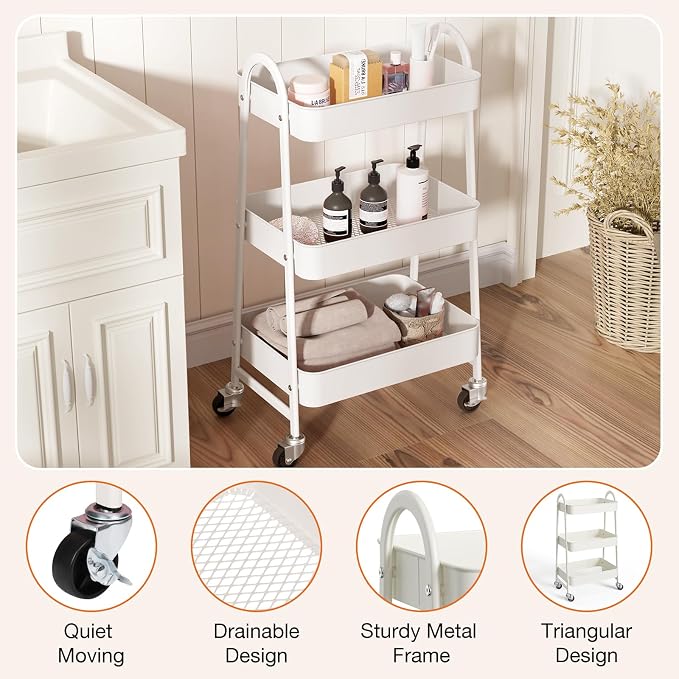 NEWBULIG 3-Tier Metal Rolling Cart with Lockable Wheels, Heavy Duty Mobile Utility Storage Shelf, Roller Book Snack Cart, Organization for Livingroom, Bathroom, Office, White