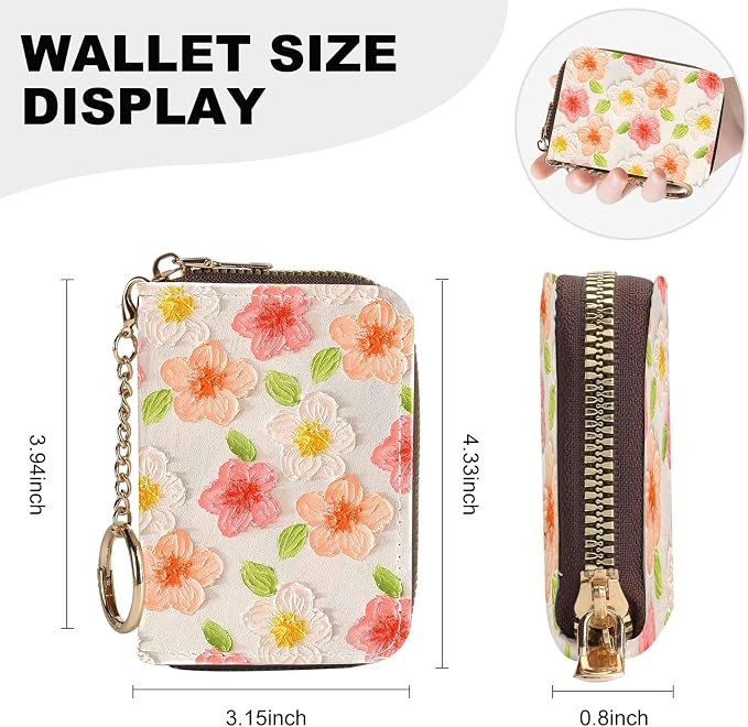 Credit Card Holder for Women,Small Rfid Wallet with Keychain Zipper,Cute PU Leather Card Case Wallet，Accordion Credit Card Wallets Gift,Pink Watercolor Flowers