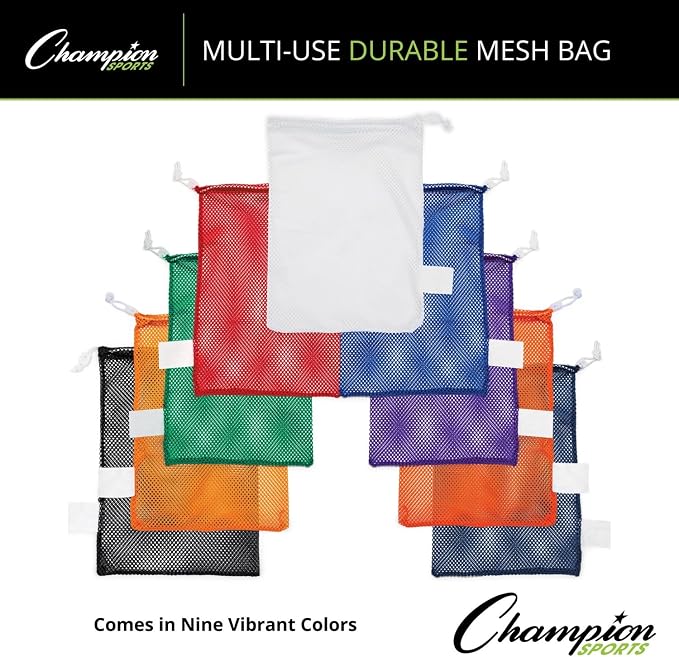 Champion Sports Mesh Equipment Bag – Heavy-Duty Nylon Drawstring Bag with Lock & ID Tag, Breathable Storage Sack for Balls, Swim Gear, Laundry & Toys, Multiple Sizes & Colors