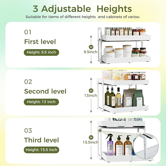 Abalter Expandable Pull Out Cabinet Organizer, 2-Tier Slide Out Drawer for Kitchen Cabinets, Adjustable Width 12-18.5", Slide Out Shelves for Kitchen Countertop, Bathroom, Pantry, Heavy Duty Caddy