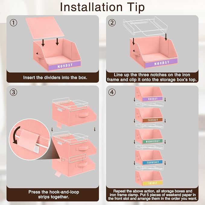 Homsorout Closet Organizers and Storage - 5 Tier Shelf Organizer with Weekly Labels, Stackable Storage Bins with Metal Frame, Foldable Cube Bins, Home Baskets for Kids and Adults, Pink
