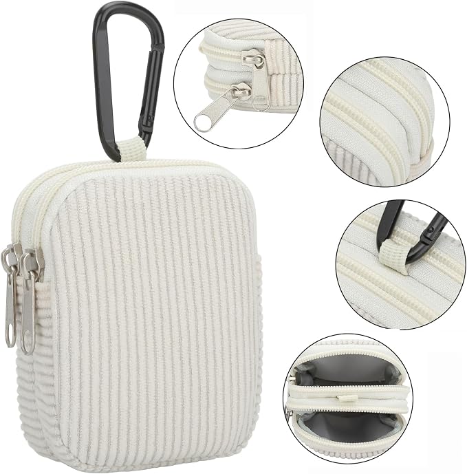 E-Tree Coin Purse with Carabiner Clip, Dual Layer Card Case Holder, Mini Pouch for AirPod Earphone Keychain USB Cable,Wallet, Small Accessories Organizer Bag for Women and Men (White Corduroy)