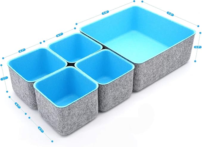 Welaxy Desk Drawer Organizers Storage bins Set Home Office Pen holder pencil phone stand Remote controller Closet Cabinet boxes decluttering 5-piece gifts idea (Baby Blue)