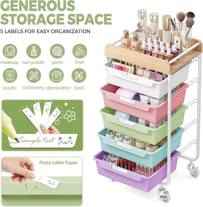 SYKIARIOL Utility Cart with 5 Labeling Drawers and Wooden Tabletop – Rolling Storage Cart for Crafters, Artists, Kids, Teachers, and Students – Organize Arts, Crafts, Sewing & Study Supplies