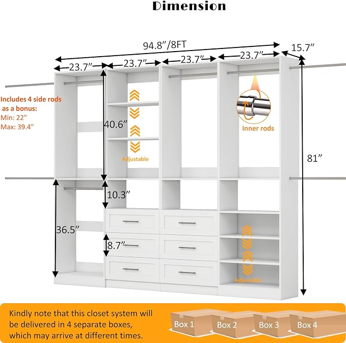 Closet System with 4 Sets, 8-21FT Closet Organizer Systems with 6 Drawers & 8 Hanging Rods & Adjustable Shelves, Walk in Closet Freestanding Closet System Modular Closet System Set White