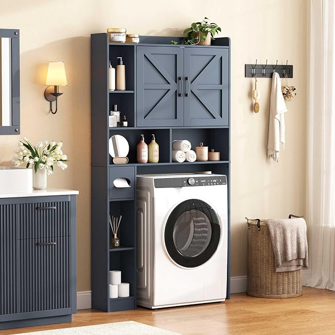 Vabches Over The Toilet Storage Cabinet with 2 Barn Doors, Blue | Farmhouse Storage Cabinet with Toilet Paper Holder Stand，Home Space-Saving Toilet Rack, for Bathroom, Restroom, Laundry