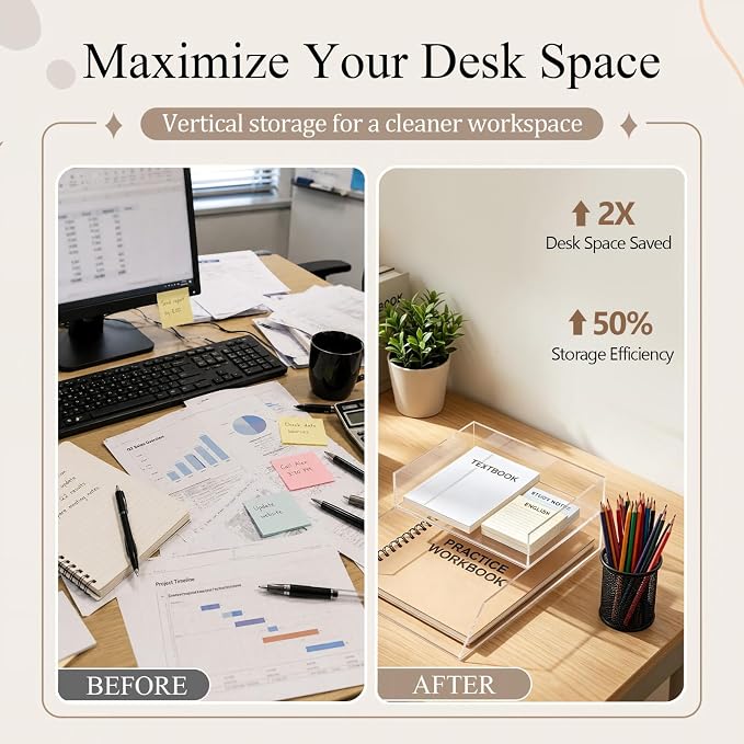 Novabright Acrylic Desk Organizer Letter Tray Set of 2, Tabletop Desktop File Holder for Storage Paper Letters Folders Notebooks, Clear Stackable Paper Tray for Office Copy Print