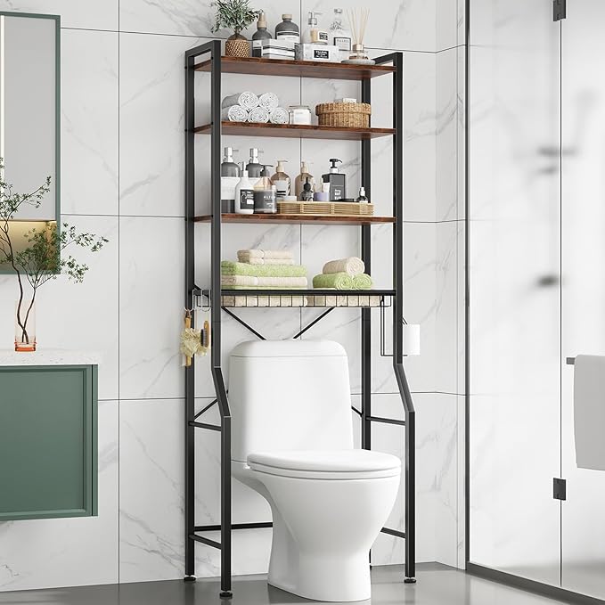 DUMOS Over-The-Toilet Storage Rack, 4-Tier Bathroom Organizer with Basket | Freestanding Above Toilet Storage Cabinet with Adjustable Shelf, Space Saver Bathroom Cabinet with 3 Hooks for Rooms, Brown