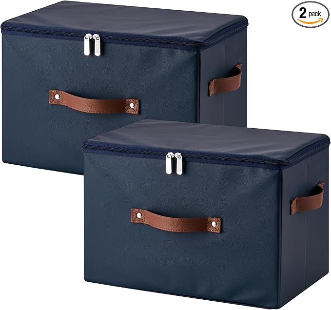 2PCS Storage Bins with Zippered Lid Decorative PU Leather Boxes | Foldable Washable Stackable Basket Container, Shelf Closet Organizer, with Handles & PP Plastic Boards, Deep Blue-Large