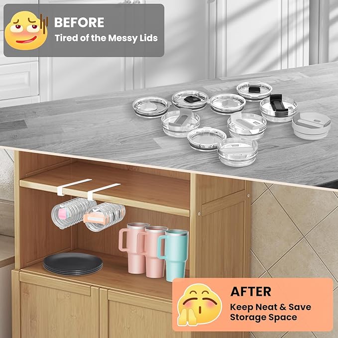 2 Pack Large Tumbler Lid Organizer, Under Cabinet Cup Lid Holder for Yeti Insulated Mug/Stanley Insulated Mug/Simple Modern Insulated Mug Lid, No Gluing, No Drilling, Up to 10 Lids (White)