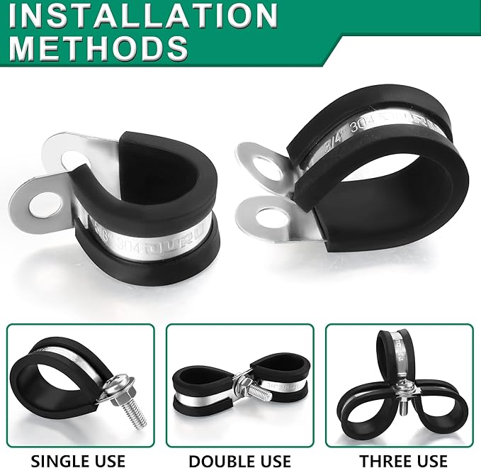 OURU 100PCS Cable Clamps 3/8 Inch 304 Stainless Steel Cable Clamps Rubber Coated Cushioned Insulated Cable Clamp,Automotive Wire Clamps,Pipe Clamps,Metal Clamp for Tube,Wire Cord Installation(10mm)