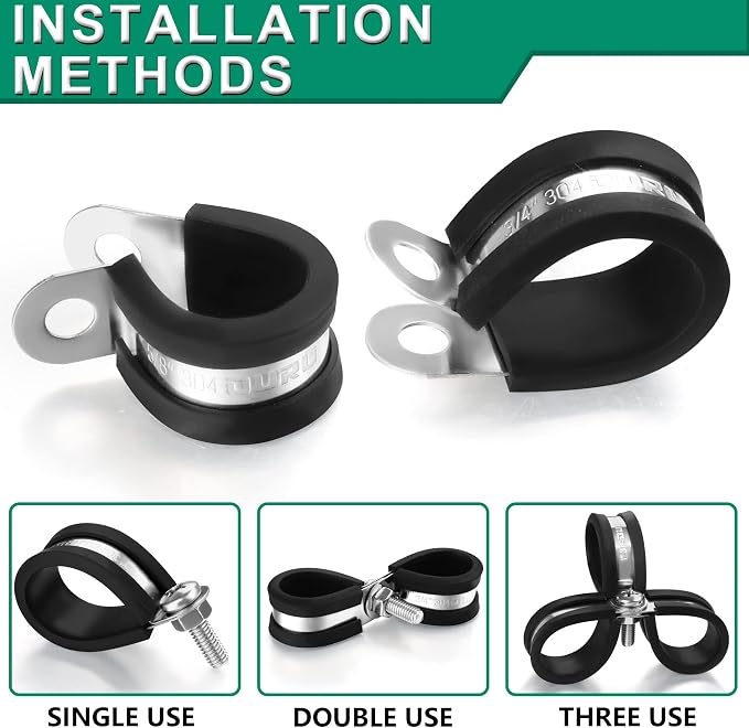 OURU 100PCS Cable Clamps 1/4 Inch 304 Stainless Steel Cable Clamps Rubber Coated Cushioned Insulated Cable Clamp,Automotive Wire Clamps,Pipe Clamps,Metal Clamp for Tube,Wire Cord Installation(6mm)