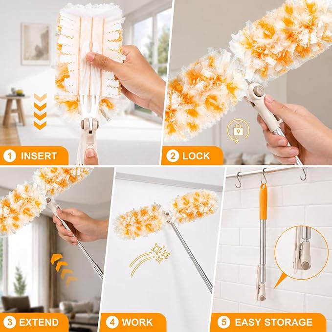 Gelibo 6ft Extendable Duster Handle with 20 Refills,Compatible with Swiffer,360°Rotating Ceiling Fan Dusters with Lock,Heavy Duty Microfiber Dusting Pads for Home Cleaning,Blinds,Hard-to-Reach Areas