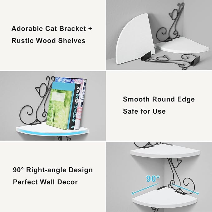Alsonerbay Floating Corner Wood Shelves, 4 Tier Wall Mounted Rustic Storage Shelf, Cat Shaped Shelving for Wall, Solid Wooden Decor for Living Room, Bedroom, Kitchen, Bathroom, Office White