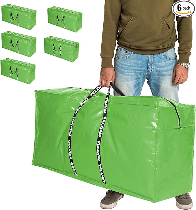 66 Gallon Extra Large Storage Bags 6 Pack – Light Green XXL Heavy Duty Waterproof Moving Tote Bags for College Dorm, Travel, Clothes & Bedding Foldable Zippered Duffle with Handles