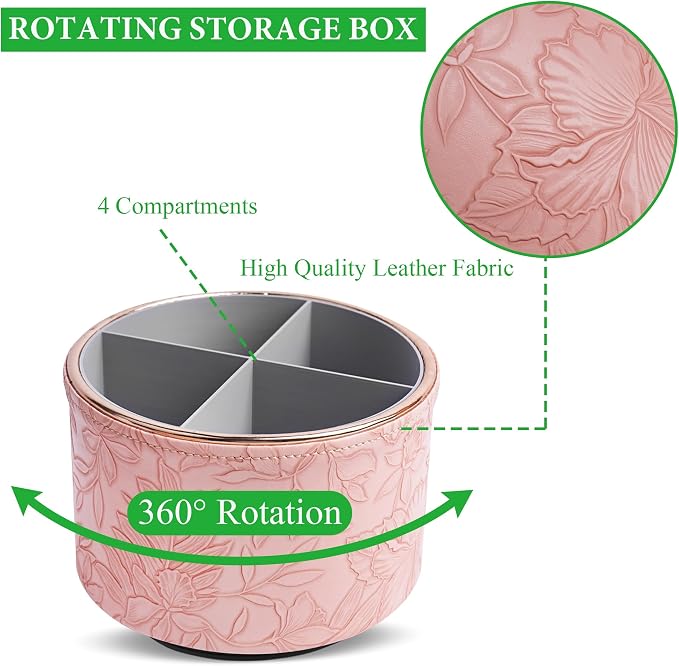 Remote Control Holder, 360°Spinning PU Leather Desk TV Remote Caddy,Desk Storage Box Room Accessories for Controller, Media,Mail,Calculator, Mobile Phone,Pencil(1B-Golden Pink)