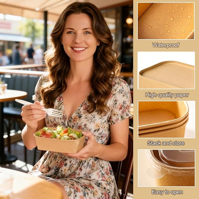 50 Pack 35Oz Disposable Meal Prep Containers With Lids and Forks-Disposable Kraft Paper Bowls-to go food containers-Microwavable and Freezer Safe Take Out Containers for Hot/Cold Food Prep and Salad