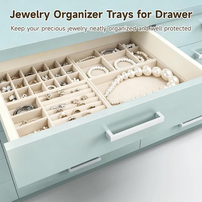 Homaisson Jewelry Drawer Organizer, Velvet Jewelry Tray, Multiple Compartment Layout, Set of 4 Jewelry Organizer for Rings, Earrings, Bracelets, Necklaces (Beige)