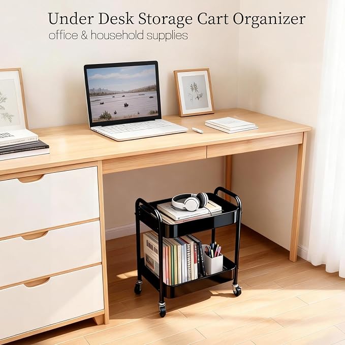 2 Tier Metal Rolling Utility Cart with Wheels Under Desk Storage Cart with Handle, Roll Around Organizer Trolley for Small Space Pantry Bathroom Home Kitchen Office Snack Baby Supplies, Black