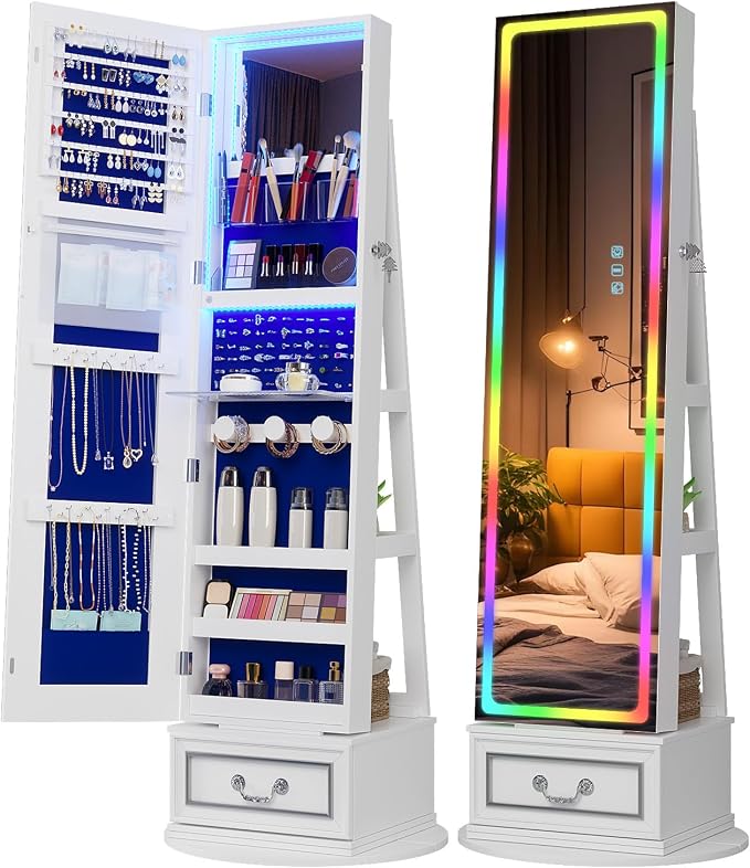 Vlsrka Jewelry Armoire with Full Length LED Mirror, 360° Swivel, White | Standing Mirror with Storage, Lockable Jewelry Cabinet with Touch Screen & RGB Modes for Small Bedroom Spaces, Gift for Women