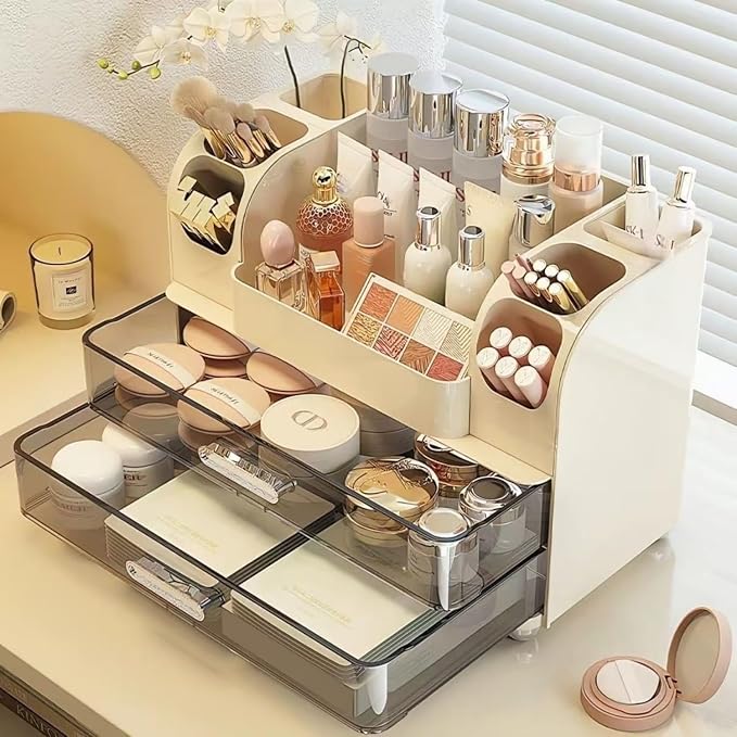 Large Makeup Organizer for Vanity - Perfume Cosmetic Display Cases | Skincare Organizers with 2 Drawers for Bathroom Dresser Desk, Easy to Store Brush Eyeshadow Lipstick Beauty Supplies, Cream
