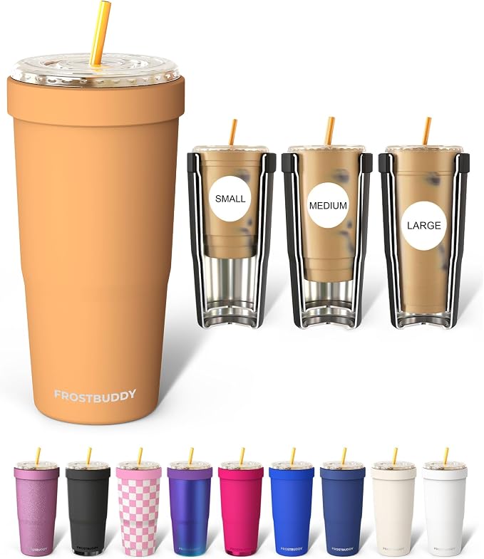 Frost Buddy Togo Buddy 30 oz Stainless Steel Vacuum Insulated Tumbler To Go Coffee Cup – Iced Coffee Cups, Iced Coffee Sleeve, Travel Mug, Thermal Cup for Hot & Cold Drinks, Dunkin Cup (Peachy Palm)
