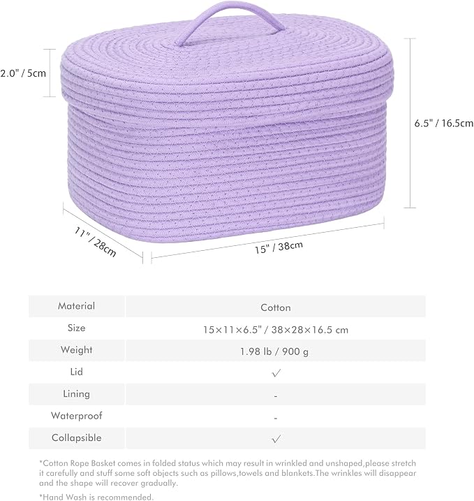 Sea Team Oval Cotton Rope Storage Basket with Lid, Lidded Woven Storage Bin, Nursery Storage Container, Diaper Caddy, Baby Shower Basket, Box, Organizer, 15 x 11 x 6.5 Inches (Medium, Lavender)