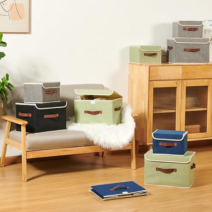 Storage Boxes with Lid Cotton Linen Fabric Storage Bins Organizer Container Decorative Collapsible Washable Shelf Baskets Faux Leather Handles for Home Bedroom Closet (Gray, Small Size)
