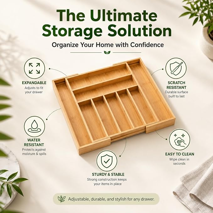 FUSHITON Expandable Bamboo Knife Storage Box, 9 Compartments, Adjustable Drawer Divider for Kitchen