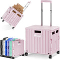Folding Utility Cart with Lid, Portable Rolling Crate Handcart Collapsible Shopping Trolley, Durable Plastic Foldable Tool Basket with 4 Rotate Wheels for Grocery, Office, Luggage, School - Pink