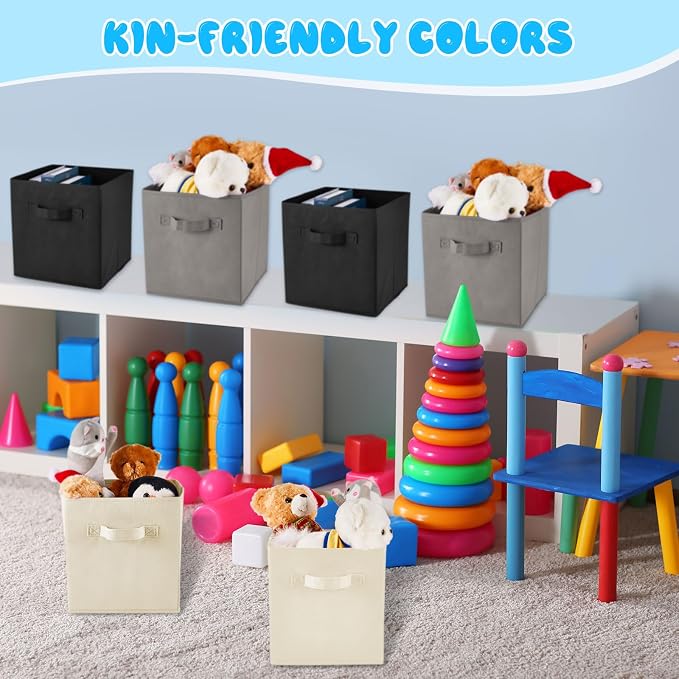 Yinder 12 Pcs Cube Storage Bin Grey 10.5''x10.5''x11'' Black Beige Storage Bins for Playroom Decor Colorful Bins for Kids Foldable Baskets for Nursery Organizer Boxes Fabric Boxes