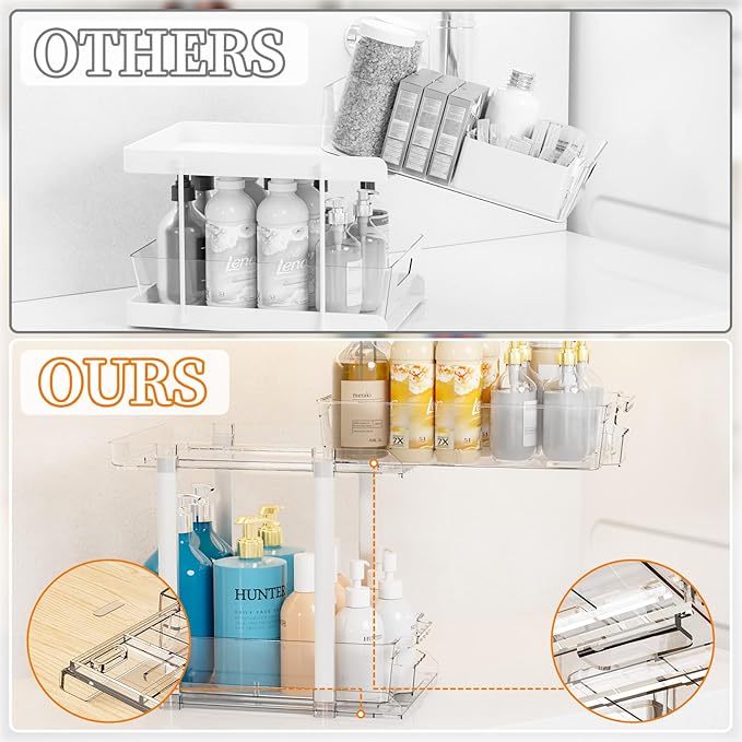 Yieach 2 Pack 2 Tier Under The Sink Organizer With Track,9.8 Inch Tall Bathroom Cabinet Organizer,Clear Under Sink Pull Out organizer for Kitchen,Vanity,Counter,Vanity,Medicine,Makeup,Hair Products