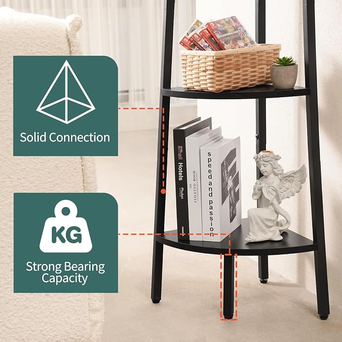 Yoobure 4‑Tier Corner Shelf – Sturdy Metal Frame & Wood Ladder Bookshelf, Space‑Saving Display Shelves for Plants & Books, Easy Assembly, for Bedroom, Living Room, Office, Balcony