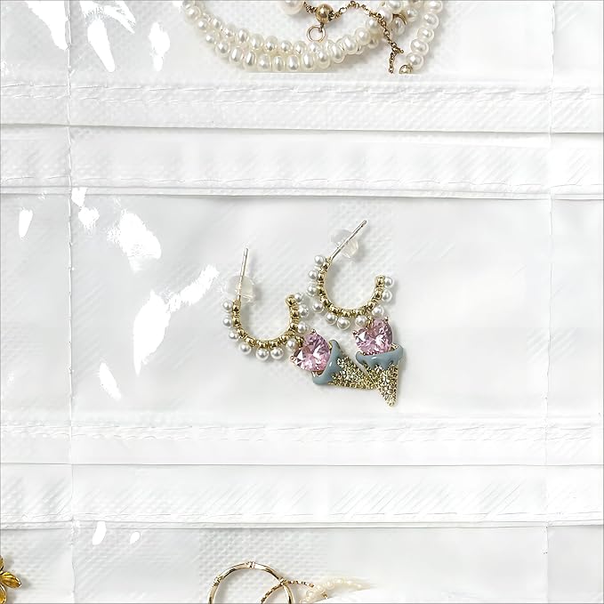 Hanging Jewelry Organizer 80-Pocket Double-Sided, 2-Pack, White and Beige | Foldable clear PVC 80-pocket storage; swivel hook fits walls, doors & rods to organize earrings, necklaces, bracelets & rings