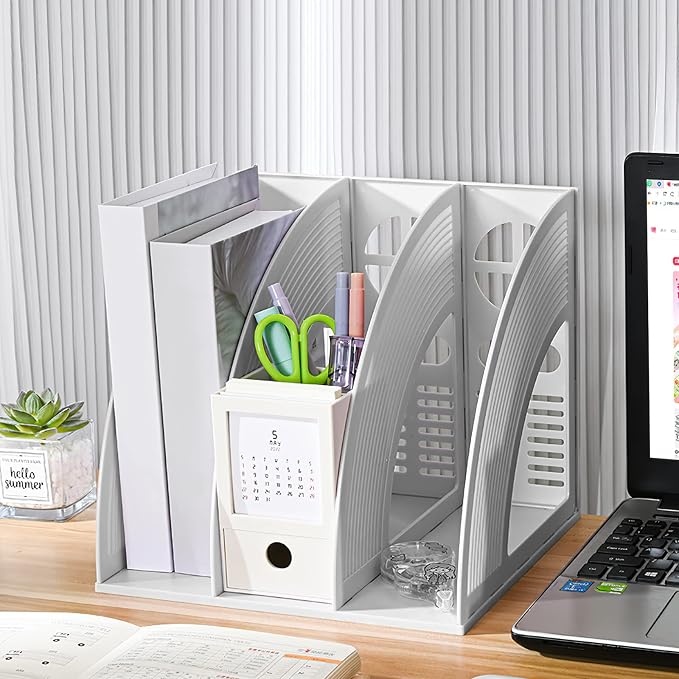 A4 File Holder Magazine File Folder Desk Organizer, 3 Vertical Compartments Bookshelf Document Divider Paper Box Bookends for Office Home Organization and Storage Racks