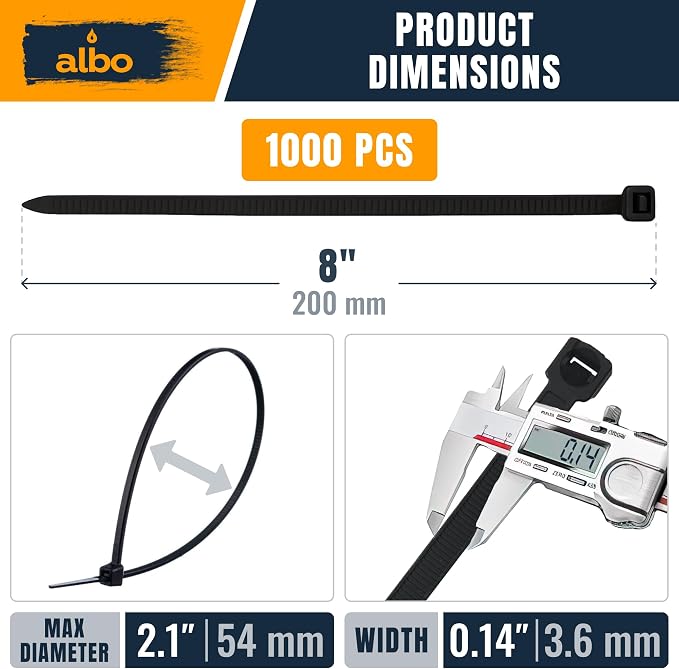 ALBO Zip Ties Black 8 Inch 1000 Pack 40 lb, Long Plastic Cable Ties Thick 0.14 Inch Tie Wraps Heavy Duty UV Resistant Nylon Wire Ties for Indoor and Outdoor