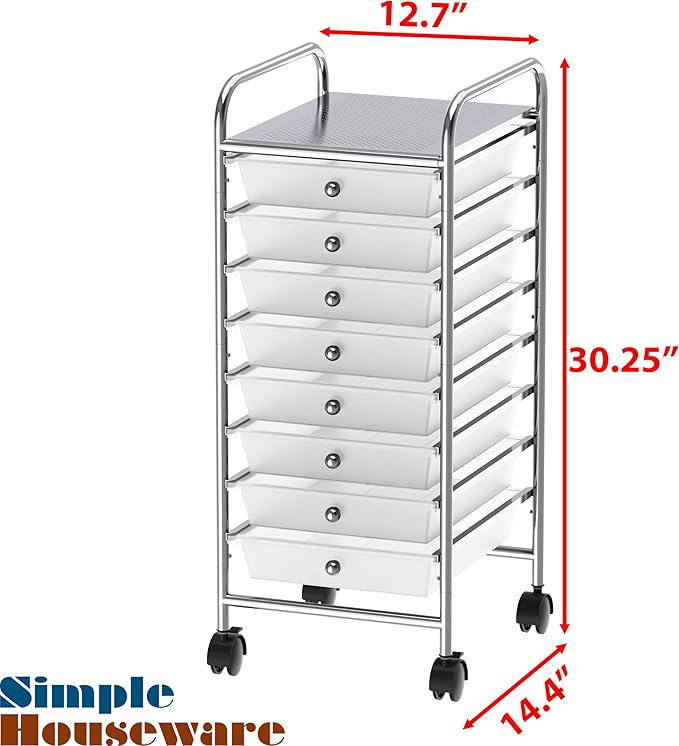 Simple Houseware 8 Drawers Rolling Utility Cart Art Craft Storage, Chrome | 1-Column, 30.25" Height, Lockable Wheels, for School, Office, Art Craft, and Paper Storage