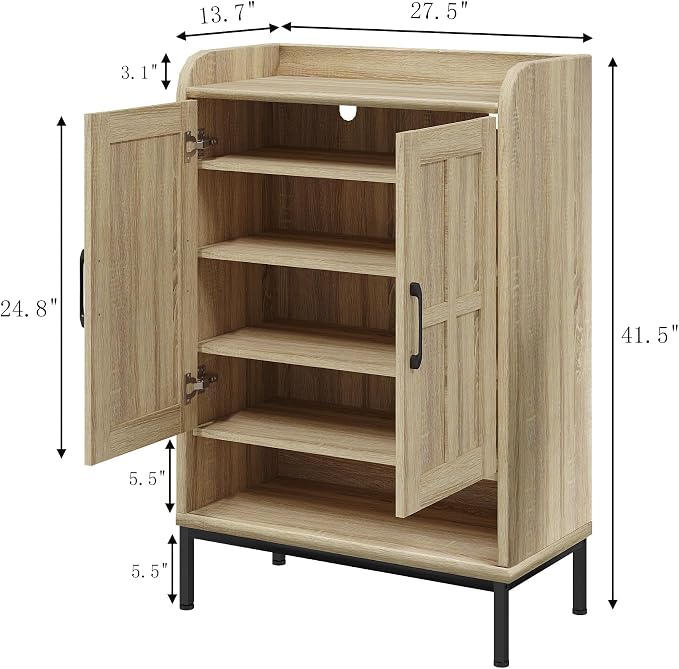 Shoe Cabinet, 6 Tier Shoe Cabinet for Entryway, Shoe Storage Cabinet with Adjustable Shelves and Metal Legs, 41.5" Tall Shoe Rack Organizer Cabinet for Entryway, Front Door, Hallway (Natural)